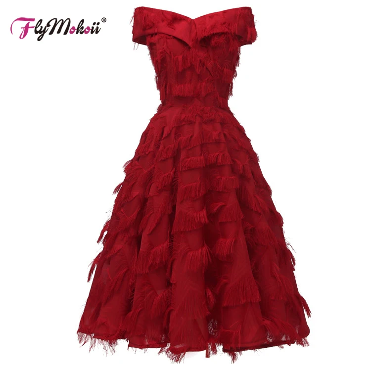 

Off The Shoulder Sexy Women Tassel Dresses Loose Size Elegant Party Evening Ball Gown Slash Neck Dress