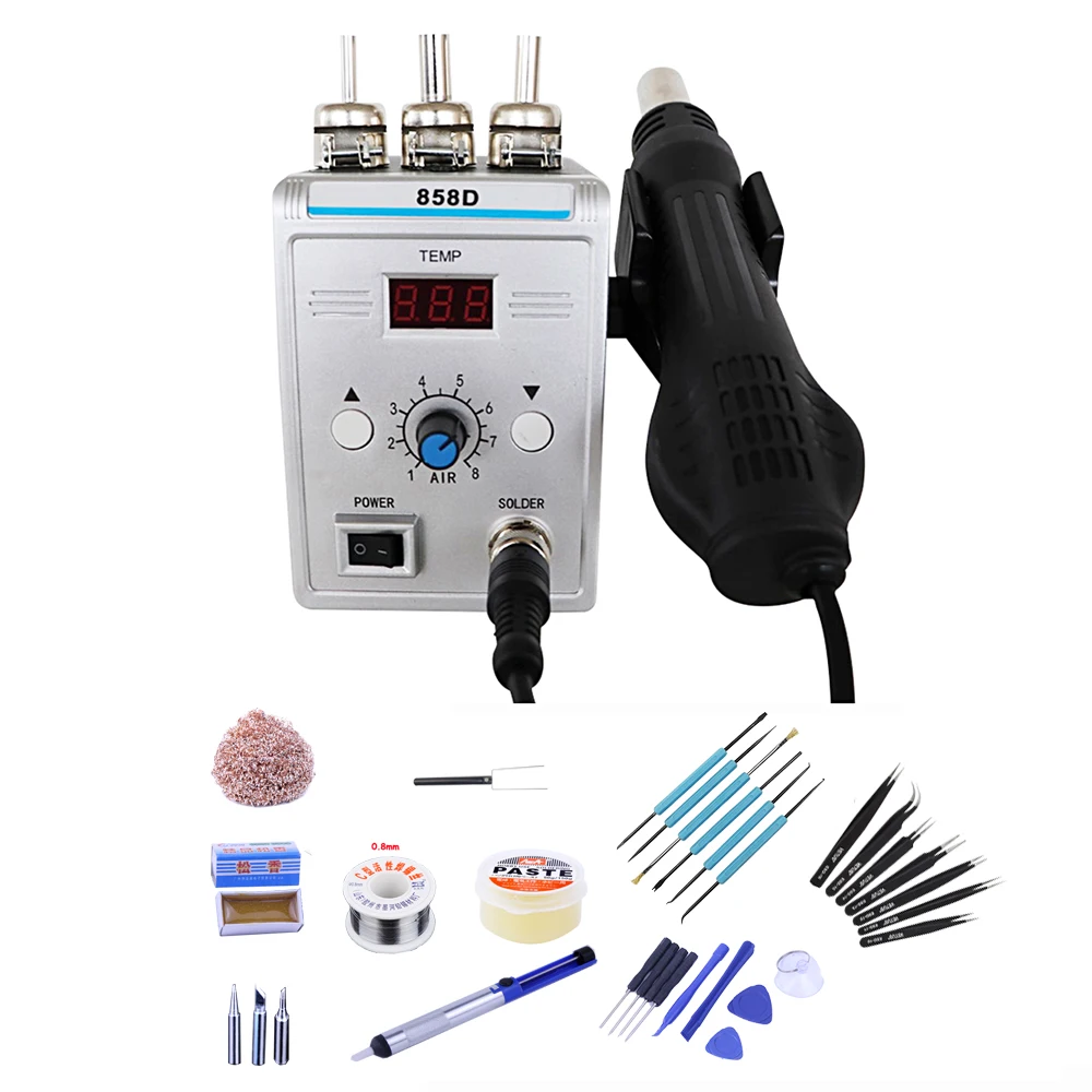 

Lead-free SMD Soldering Station 858D Digital Display Hot Air Gun Desoldering Station Smart Chip Motherboard Mobile Phone Repair