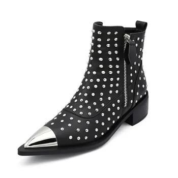 

Metal Pointed Toe Runway Ankle Boots Women Rivets Low Heel Punk Boots Ladies Black White Leather Two Zipper Chelsea Boots Woman