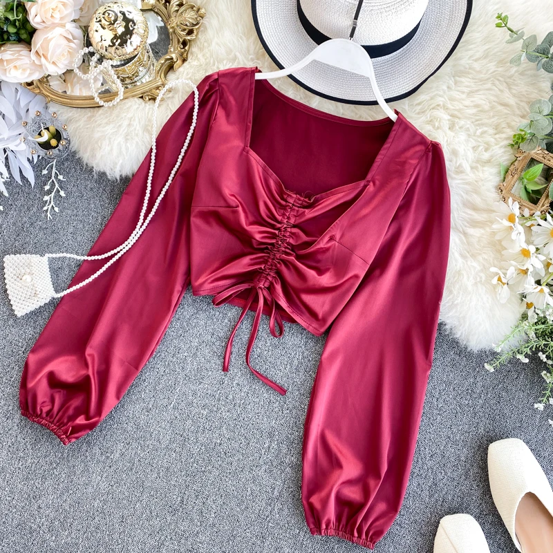 

INS Super Fire Retro Square Collar Drawstring Pleats Waist Temperament Satin Shirt Blouse Women Short Crop Top Shirt Boho Blusa