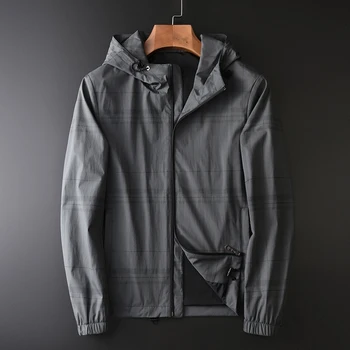 

New Hooded Mens Jackets Luxury Plaid Printed Grey Mens Jackets And Coats Spring And Autumn Slim Fit Male Coats Plus Size 4XL