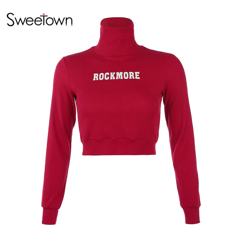 red Sweetown, Зимняя мода, водолазка, короткий топ, длинный рукав, футболки, женская одежда для фитнеса, с буквенным принтом, Повседневная тонкая женская футболка - Цвет: red