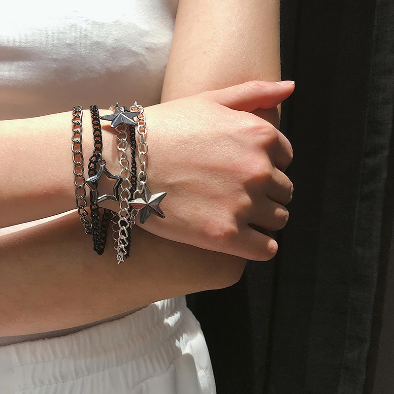 

Punk Multi-layer Bracelets Women Trendy Metal Chain Beaded Stars Bracelet Pulseras Mujer Geometric Elastic Bangles Hand Jewelry