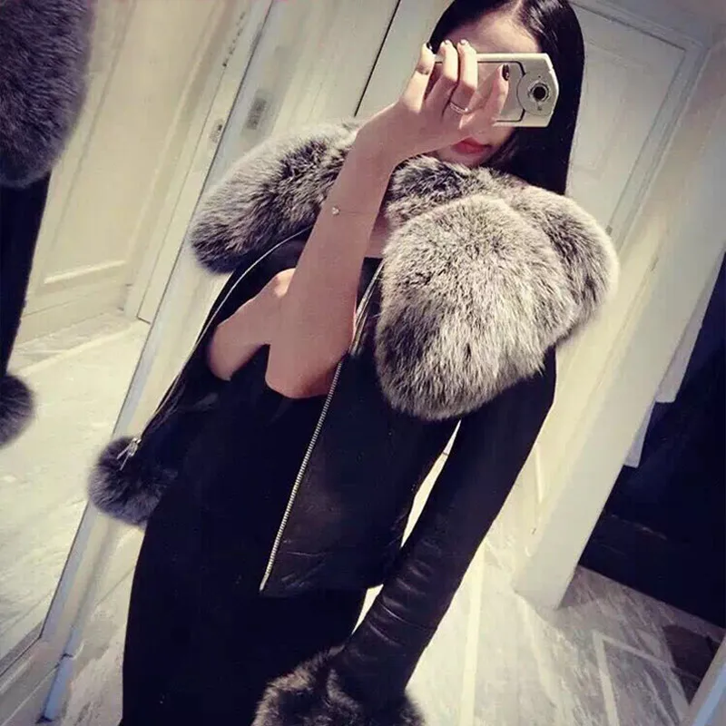 

2019 autumn and winter new super large imitation fox fur collar detachable plus cotton Slim leather jacket female