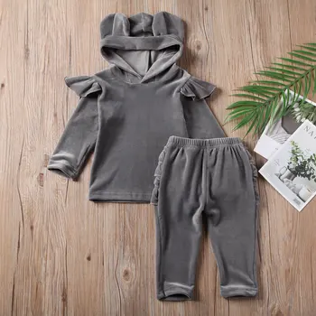 

Pudcoco Toddler Baby Girl Clothes Solid Color Long Sleeve Broken Velvet Hooded Tops Ruffle Long Pants 2Pcs Outfits Clothes