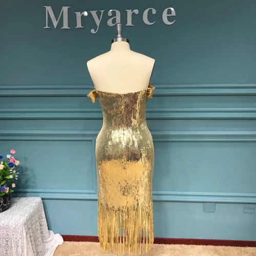 Золотой Mryarce с плеча блесток кисточки короткое платье выпускного вечера блестящие платья - Цвет: Золотой