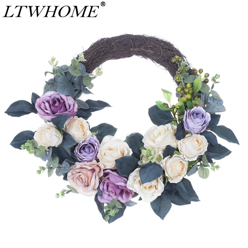 LTWHOME 15 дюймов венок ручной работы с разноцветные розы, ягоды для передней двери, стены, полки, окна, Модель: WHHL