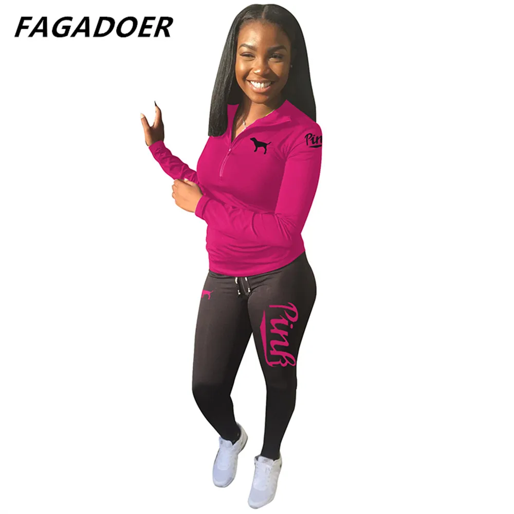 FAGADOER New PINK Outfits Women Sweatsuits Letter Embroidery Zip Hoody Coat+Pants Casual 2 Piece Set Women Tracksuits Sportwear formal pant suits Suits & Blazers