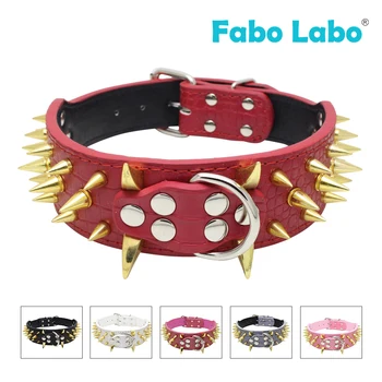 

Widen PU Leather Dog Collars Personality Gold-plated Spiked Studded Adjustable Pets Necklace Soft Walking Running Dog Products