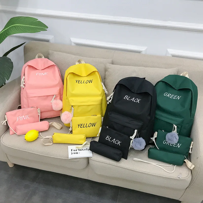 

School Bag 2019 New Style Korean-style Lettered Canvas Backpack Three-piece Set Large Capacity High School Students School Bag