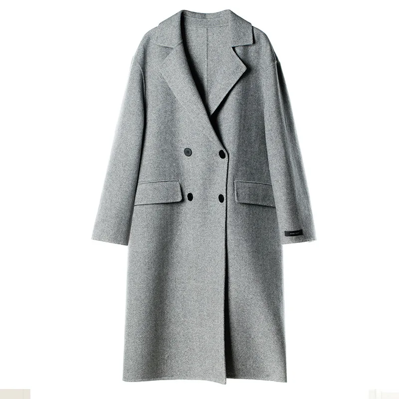 

New Cashmere Plain Herringbone Wool Overcoat Star Woman of The Same Wool Overcoat 2019 Turn-down Collar Long Women Coats