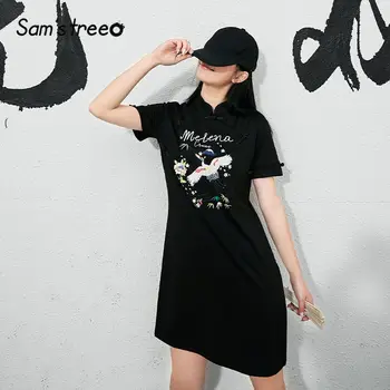 

SAM'S TREE Black Crane Embroidery Casual Korean Mini Dress 2020 Summer Chinese Style Chic Button Ladies Daily Vintage Dresses