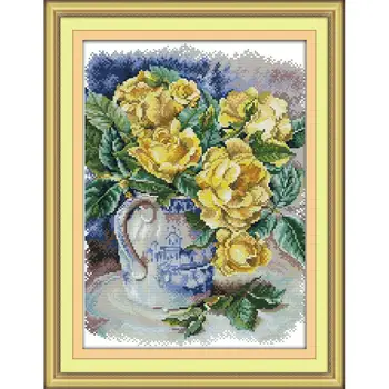 

Joy Sunday Cross Stitch Yellow Rose Cotton Thread Painting DMS Patterns 11CT 14CT DIY Printed Cross Stitch Kits Embroider Sets