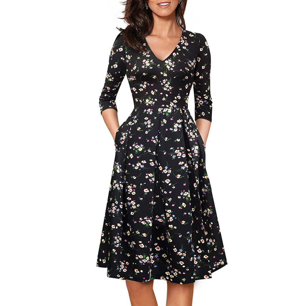 

Women Print Elegant V-Neck A-Line Office Dress Vintage Casual Swing Party Business Work Skater Dress 1EA126