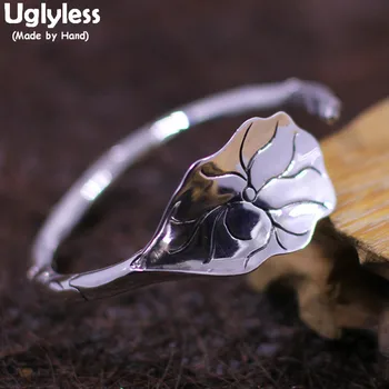 

Uglyless Glossy Silver Lotus Leaf Bangles for Women Real 925 Silver Lotus Flower Open Bangles Thai Silver Ethnic Jewelry BA686