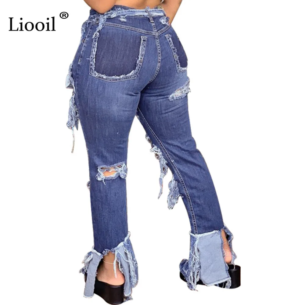 Liooil размера плюс, с дырками, высокая талия, расклешенные джинсы с карманами, уличная одежда, сексуальные женские брюки, расклешенные штаны, облегающие джинсы, брюки