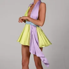 

Silky Satin Skirt with Halter Neck Backless Cut-Out Patchwork Colors Sexy Prom Dresses Lady Short Sleeveless Clubbing Vestidos