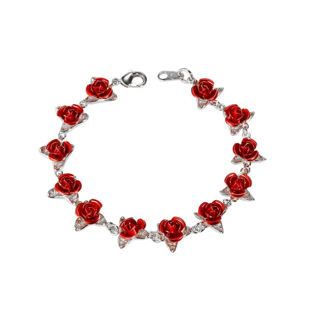 Red Rose Flowers Bracelet Femme Wrist Charm Chain Gold Color Fashion Jewelry Bracelets for Women Mother's Day Gifts - Окраска металла: Silver