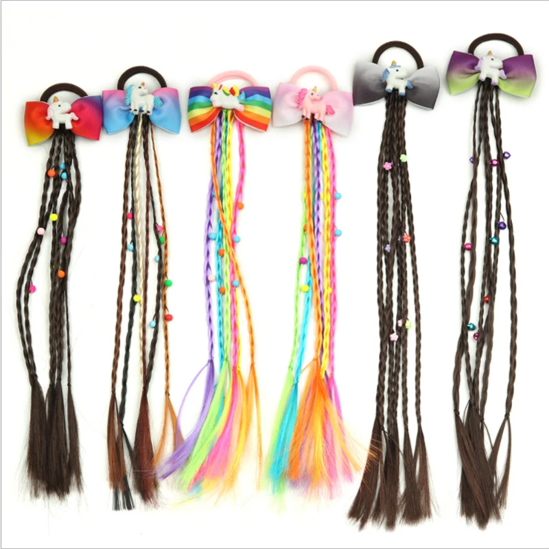 New Hot Sale Children's Color Butterfly Wig Hair Tie Girl Wig Ponytail Tie Hair Tie Unicorn Hair Accessories