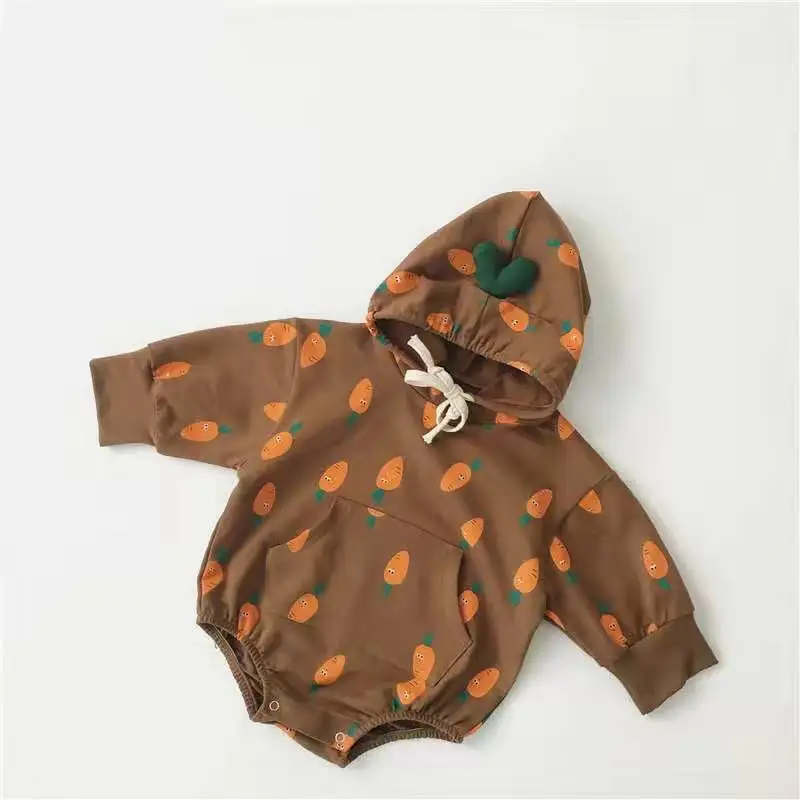 1974 Милая одежда для малышей с морковью, комбинезон с капюшоном, цельнокроеная верхняя одежда для новорожденных девочек и мальчиков, комбинезоны для малышей 6 месяцев, 9 месяцев, 2 года, 3 года