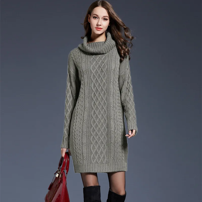 Осень-зима, вязаный хлопковый свитер, платья для женщин, модная свободная водолазка, пуловер, женское трикотажное платье, Vestidos Feminino - Цвет: Gray
