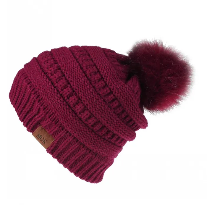 red Woman Winter Warm Knitted Hat with Faux Fur Pom Pom Ball Skully Beanie hats Soft Thick Female casual ski caps - Цвет: red