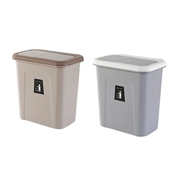 

2x Kitchen Push Cover Trash Can Hanging Fruit and Vegetable Skin Kitchen Garbage Storage Bucket Brown & Dark Grey