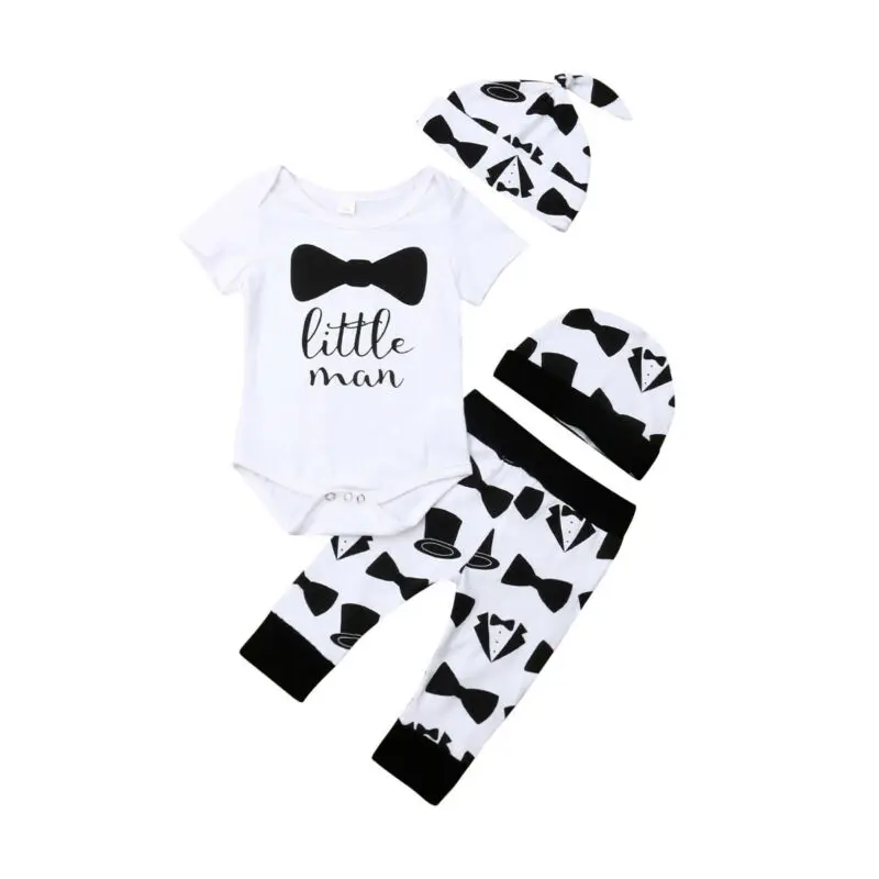 4pcs Newborn Infant Baby Boy Romper Top+Pants Leggings+Hats Outfits