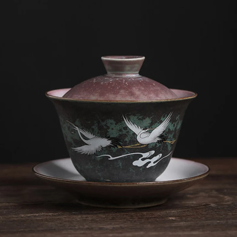 Anti-scald Large Ceramic Tea Bowl with Lid, Anti-scald Bowl, Sancai Gaiwan, Hand Painted, Cover Bow, Chinese Kungfu Tea Cup