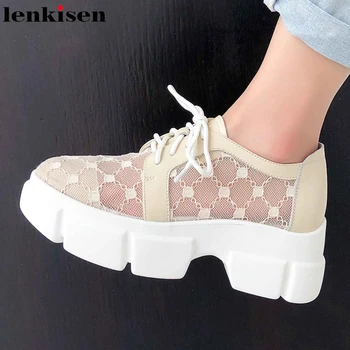 

Lenkisen high quality handmade air mash breathable round toe thick high heels lace up sweet preppy style beauty lady pumps L11