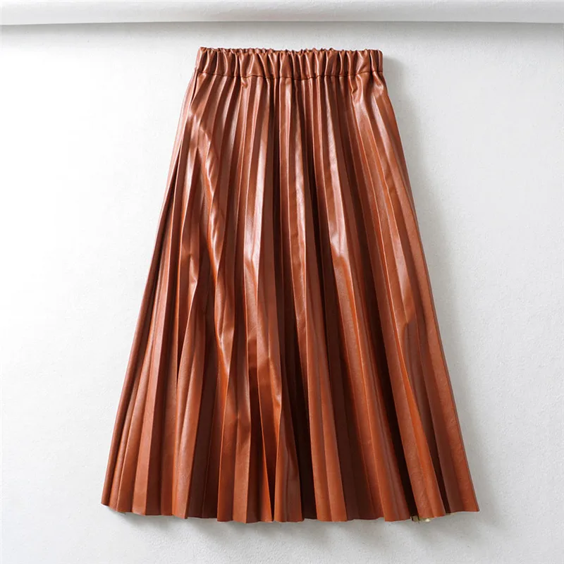 

2019 Europe And America Autumn And Winter New Style Trend Versatile Elastic Waist Pleated Skirt Faux Leather Medium-length Dress