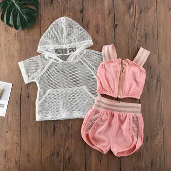 

UK Summer Kids Baby Girls Mesh Hoodies Strap Camis Shorts 3PCS Outfits Tracksuit