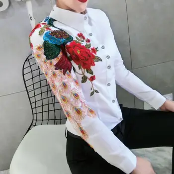 

autumn new fashion heavy work embroidered peacock shirt women long-sleeved lapel peony slim top blouse