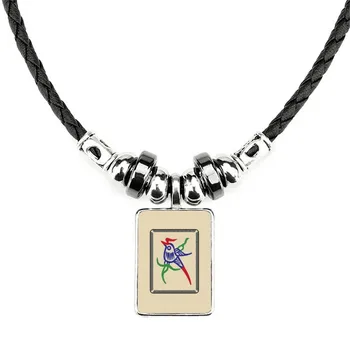 

Mahjong Bamboo Bar 1 Tiles Pattern Necklace Handmade Leather Rope Pendant