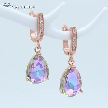

S&Z DESIGN Korean Fashion Luxury Water Drop Crystal 585 Rose Gold Dangle Earrings For Women Wedding Engagement Elegant Jewelry