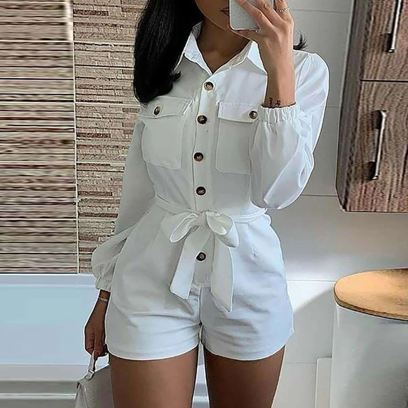 Women Long Sleeve Button Down Turn Down Collar Bodysuit Sashes Slim