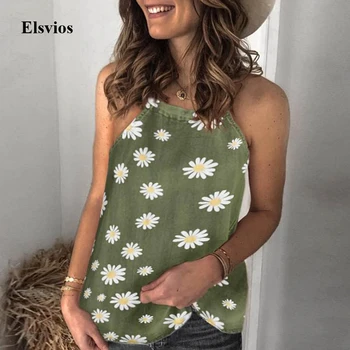 

2020 Casual Daisy Print Tops Blouse Sexy Sleeveless Halter Shirt Blouse Summer Elegant Women Straps Beach Shirt Blusa Streetwear