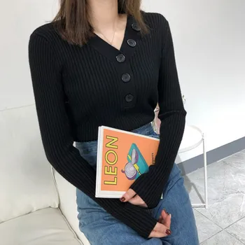 

Women Casual V-Neck Sweaters Solid Winter Top Wear Sexy Ladies Long Sleeve Single Breasted Slim Fit Shirts T