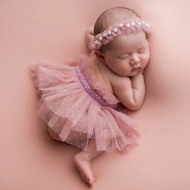 Newborn Photography Props Accessories Lace Skirt Pearl Headband Set Bebe Fotografie Studio Romper Photo Shoot Costume For Girls baby dress set for girl