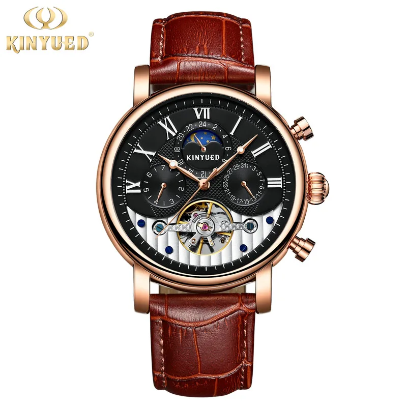 Топ роскошный ремешок KINYUED Скелет автоматические часы для мужчин Moon Phase Tourbillon