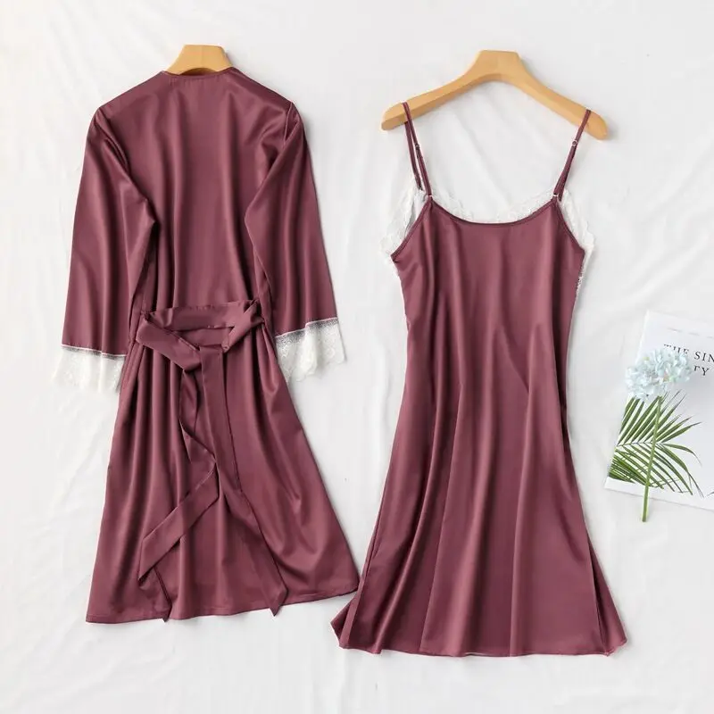 Sexy Womens Robe & Gown Sets Lace Bathrobe + Nightdress 2 Two Pieces Sleepwear Womens Sleep Set Faux Silk Robe Femme Lingerie