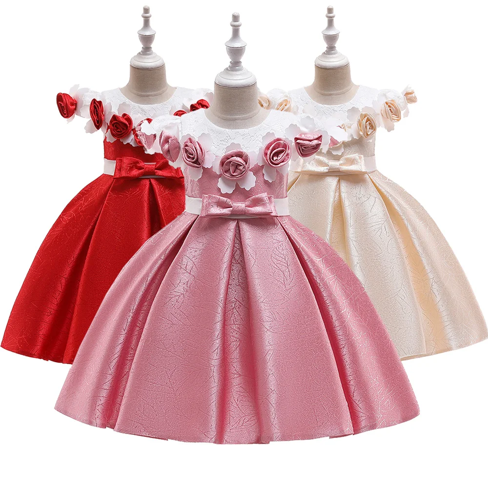 

Kids Satin First Communion Dresses For Girls Ball Gowns Glossy jacquard rose appliques Summer dress for Weddings Birthday Frocks
