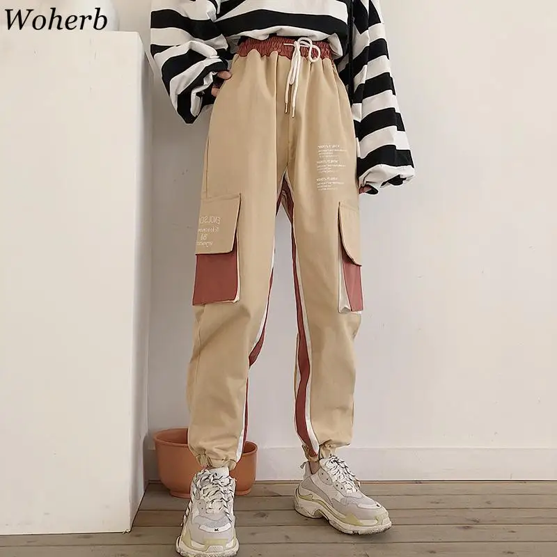 Woherb, Новое поступление, брюки-карго с карманами и высокой талией, Harajuku, повседневные свободные длинные брюки, корейский стиль, универсальная уличная одежда 91109