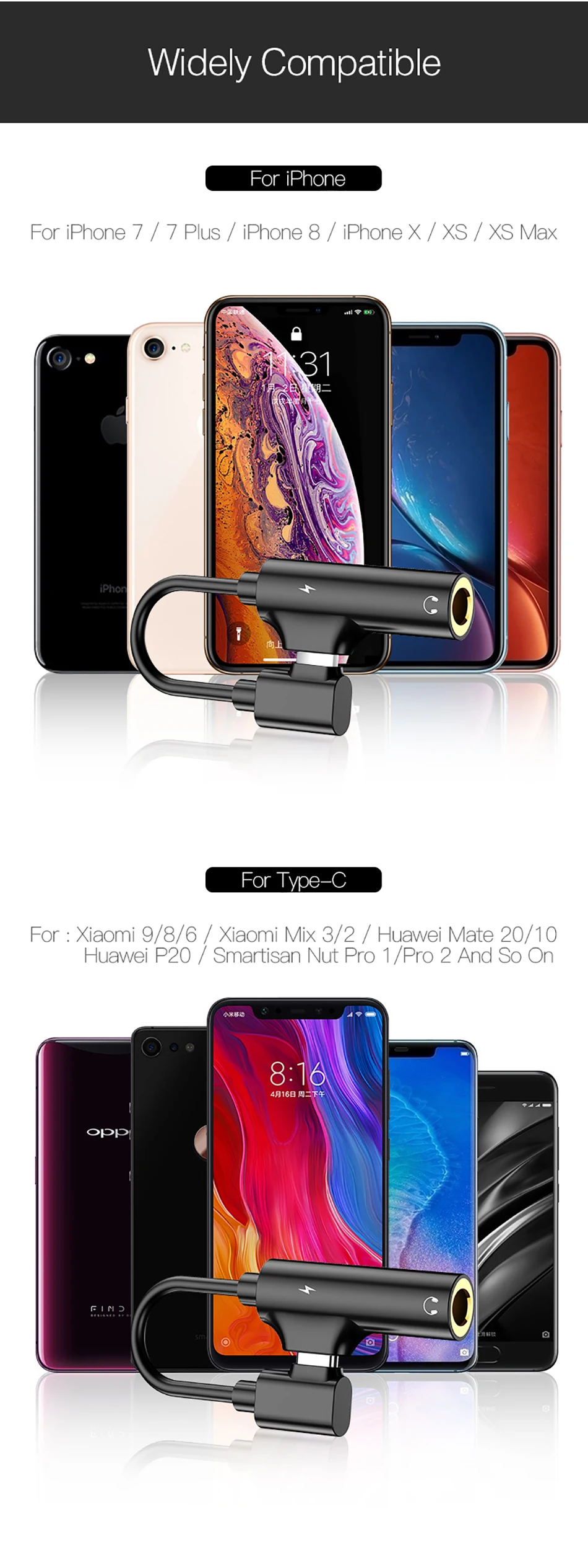 2 в 1 аудио адаптер для наушников для iPhone 7 8 plus X XS Кабель зарядного устройства для мобильного телефона Aux двойной разъем разветвитель для освещения до 3,5 мм