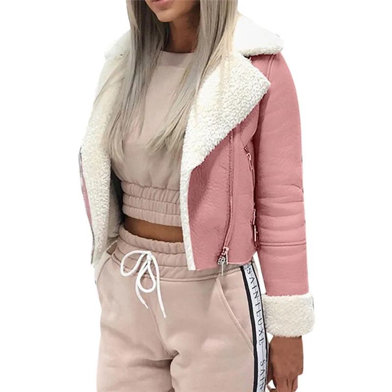 Женская куртка, Женская замшевая куртка с отворотом и пряжкой, крутая куртка пилота, искусственная овечья шерсть, мотоциклетная куртка, Женское пальто, толстовка