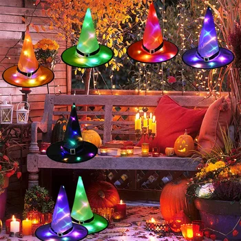 

8pcs/1set Halloween Witch Hat with LED Light Glowing Witches Hat Hanging Halloween Decor Suspension Tree Glowing Hat for Kids