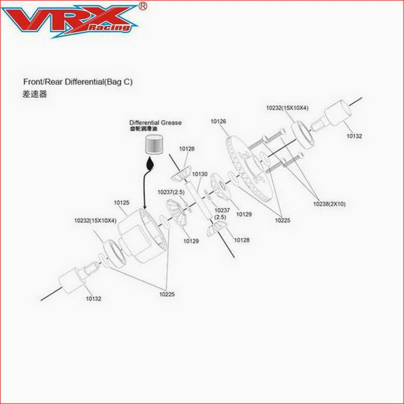 Achetez l'ensemble de boîte de vitesses différentielle VRX Racing 10003 pour voiture RC 1/10 4WD, vue rapprochée des roulements et axes.