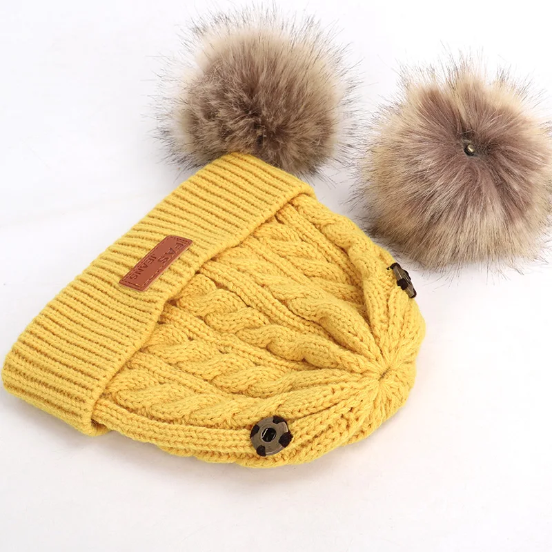 Детская шапка, вязаная Милая шапка для девочек, BoysBig Pom pom Beanie, детские шапки для девочек и мальчиков, теплая вязаная зимняя детская шапка из натурального енота F
