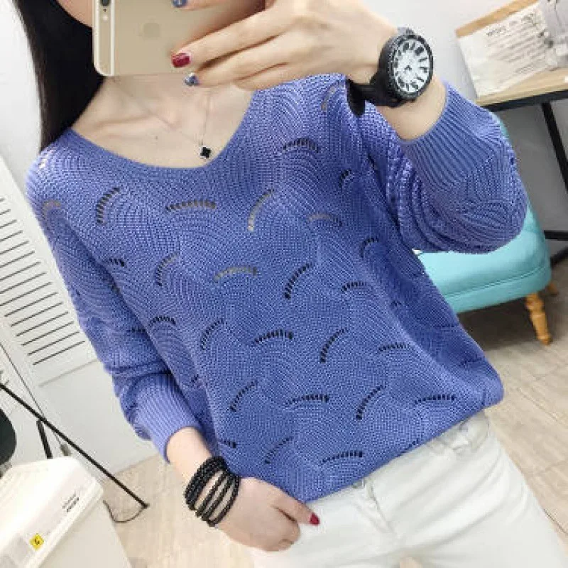 

2020 new summer women's hollow knit sweater thin style Korean v-neck bottoming shirt loose long-sleeved t-shirt women