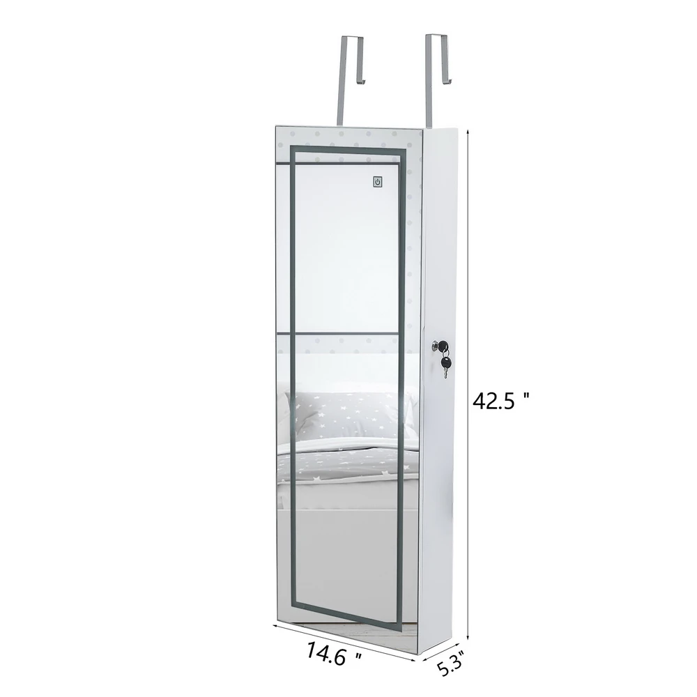 

Full Mirror Cabinet Wooden Wall Mounted 4-Layer Shelf with Inner Mirror 3-Color LED Light Jewelry Storage Holder White[US-Stock]